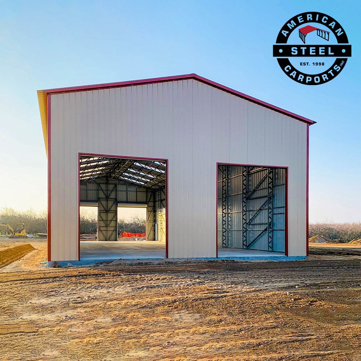 Steel building during installation with open framed bays