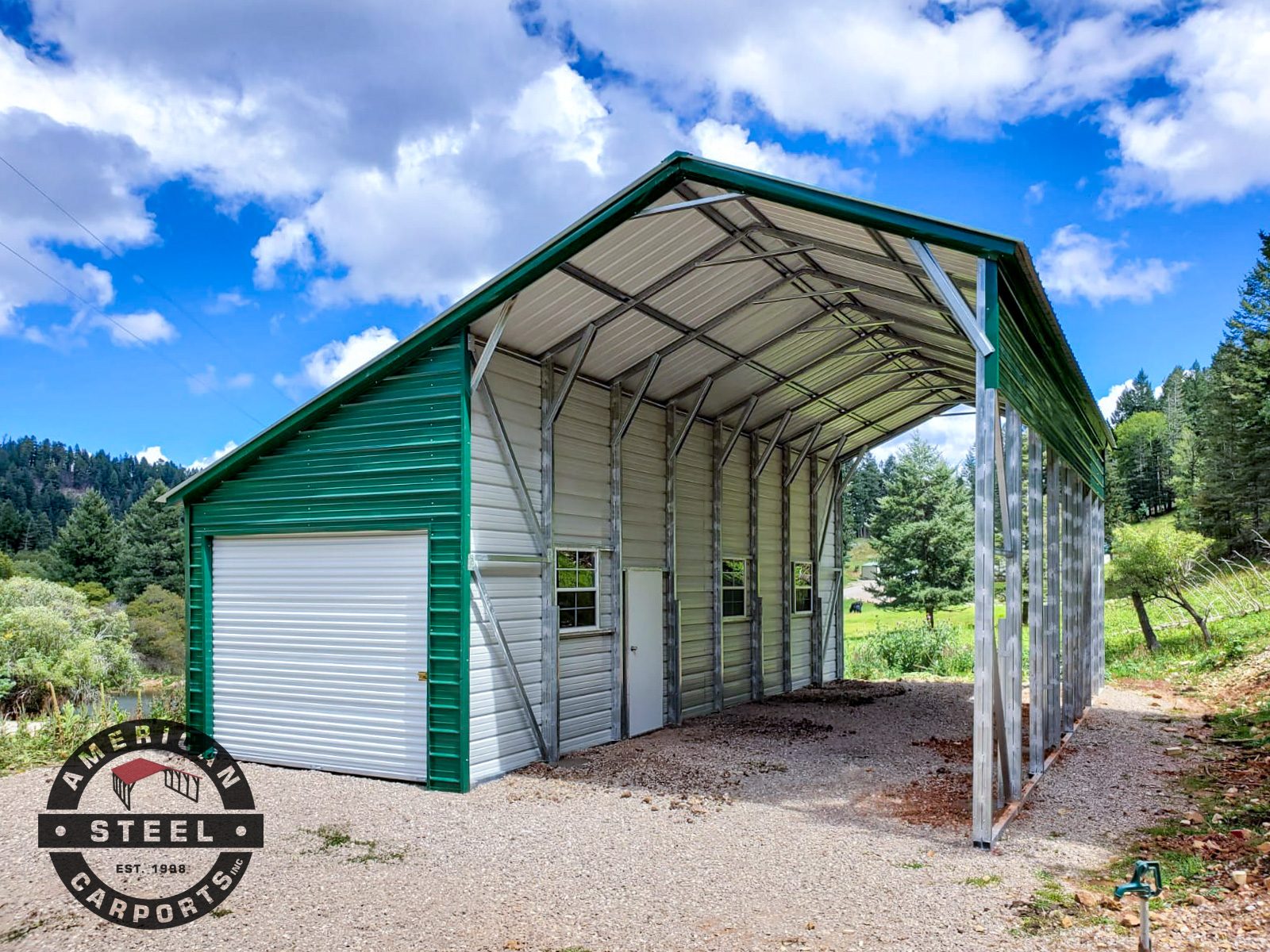 Green and white steel carport with enclosed utility storage section