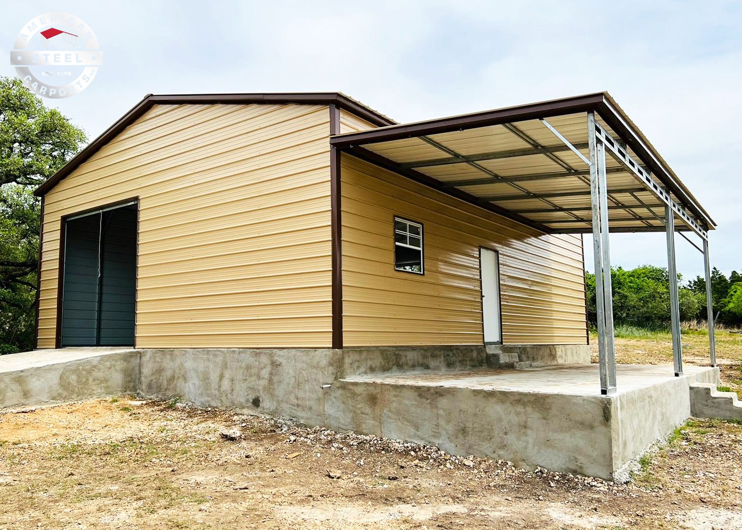 Tan steel garage with attached lean-to porch on concrete slab