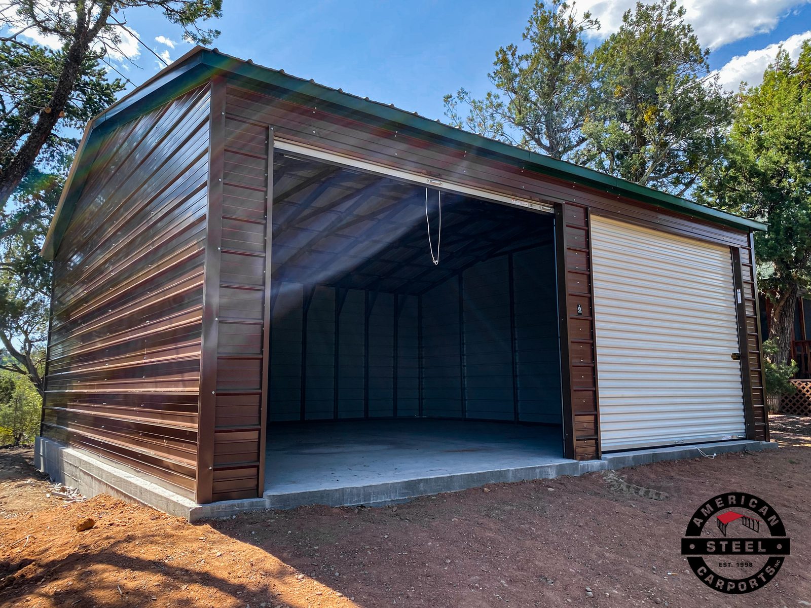 Premium wood-grain finish steel garage with white roll-up door